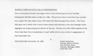 1984 Pontiac Fiero Indy Pace Car Press Photo & Release 0049