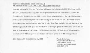 1984 Pontiac Fiero Indy Pace Car & 1911 Stoddard Dayton Press Photo & Rel 0050