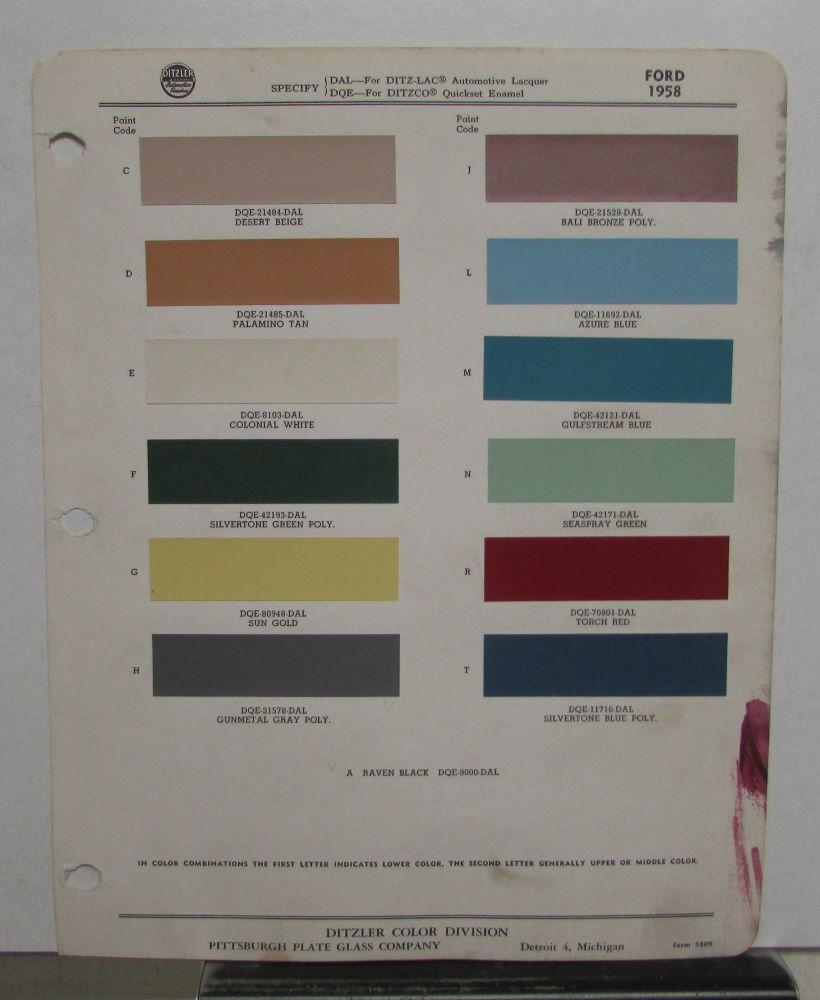 1958 Ford Paint Chip Color Samples Ditzler Original