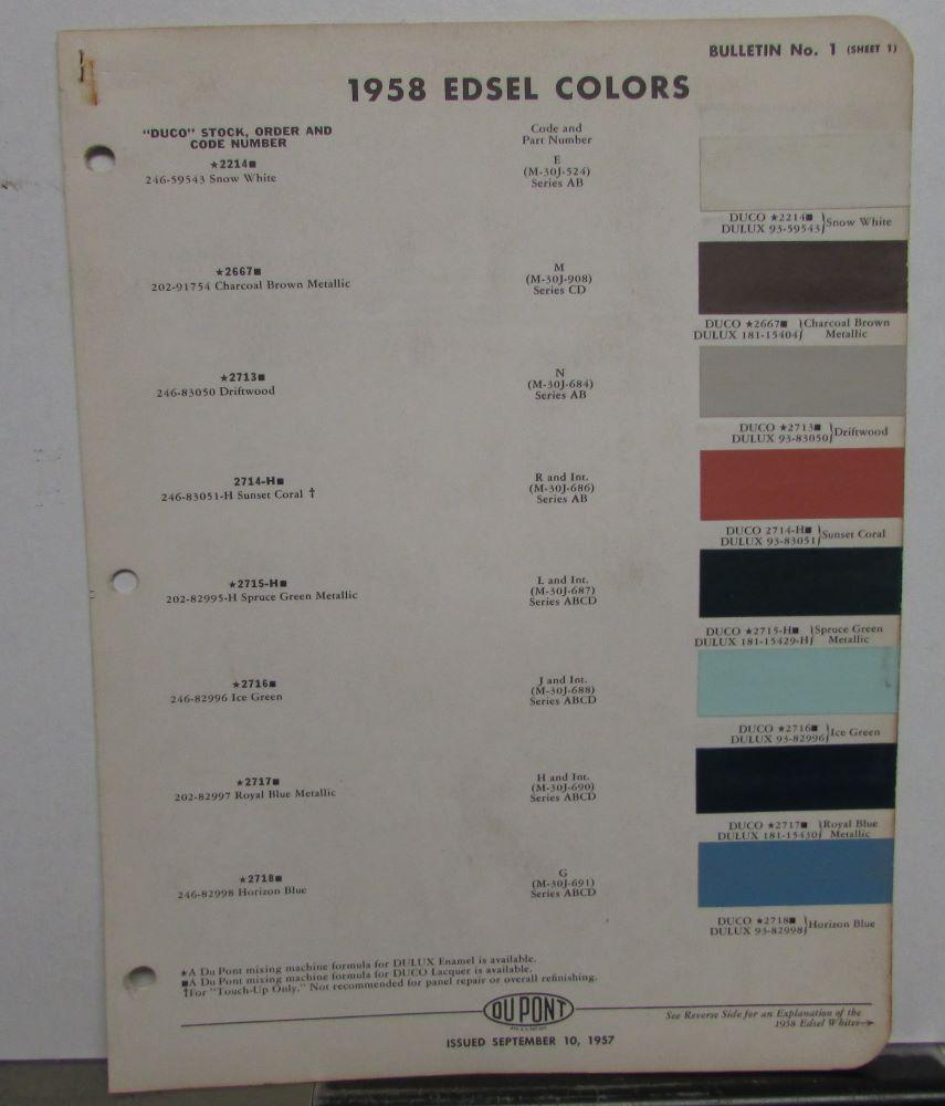 1958 Edsel Paint Chip Color Samples DuPont Leaflet Set