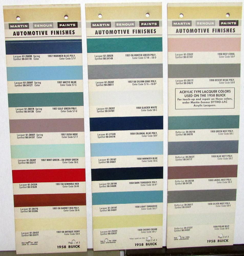 1958 Buick Paint Chip Color Samples Leaflets Martin Senour Paints