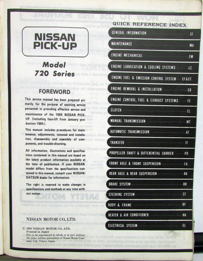 1984 Nissan Pick Up Shop Service Repair Maintenance Manual OEM 1st Revision