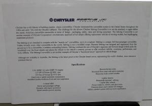 1996 Chrysler Sebring JXI Convertible Foreign Dealer Sales Data Sheet Handout