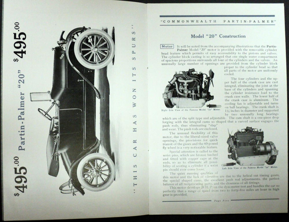 1916 PartinPalmer Motor Cars Model 20 32 438 845 Sales Brochure Catalog Real