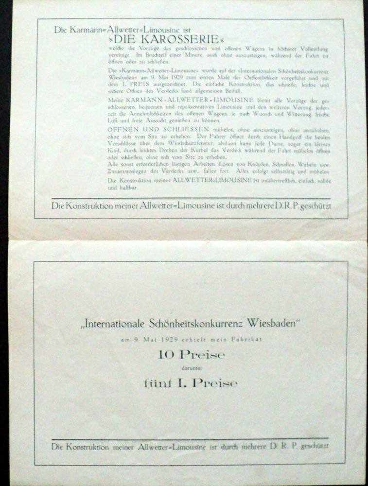 1929 1930 Karman Karosserie Auto Sales Leaflet German Text ORIGINAL