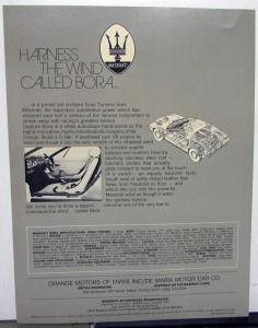 1973 Maserati Bora Dealer Sales Handout Data Sheet Features Specifications