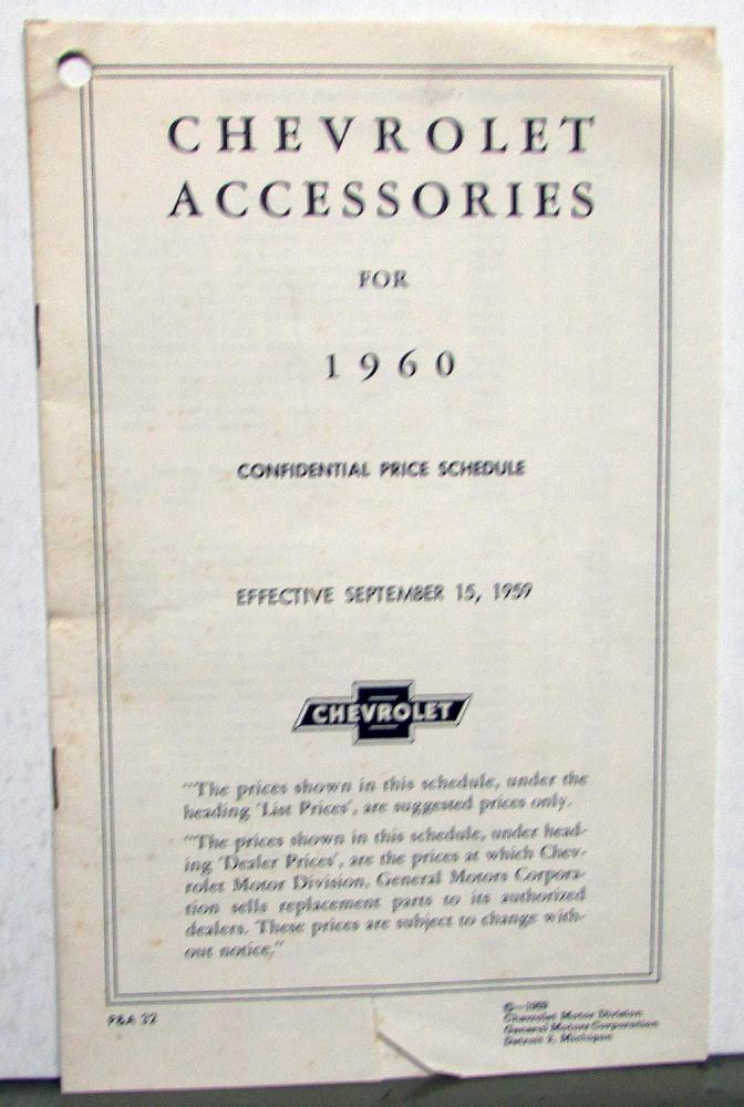 1960 Chevrolet Dealer Accessories Confidential Price Schedule Car Truck Orig