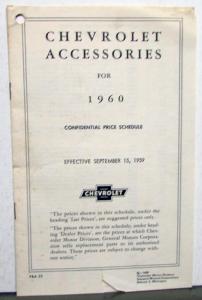 1960 Chevrolet Dealer Accessories Confidential Price Schedule Car Truck Orig