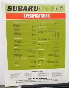 1969 Subaru 360 Micro Car Dealer Sales Data Sheet Brochure Specifications