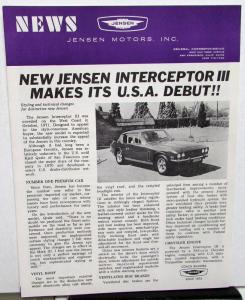 1971-1972 Jensen Interceptor III Dealer Sales Brochure USA Debut Features Orig