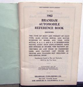 1962 Branham Automobile Reference Book - September Supplement