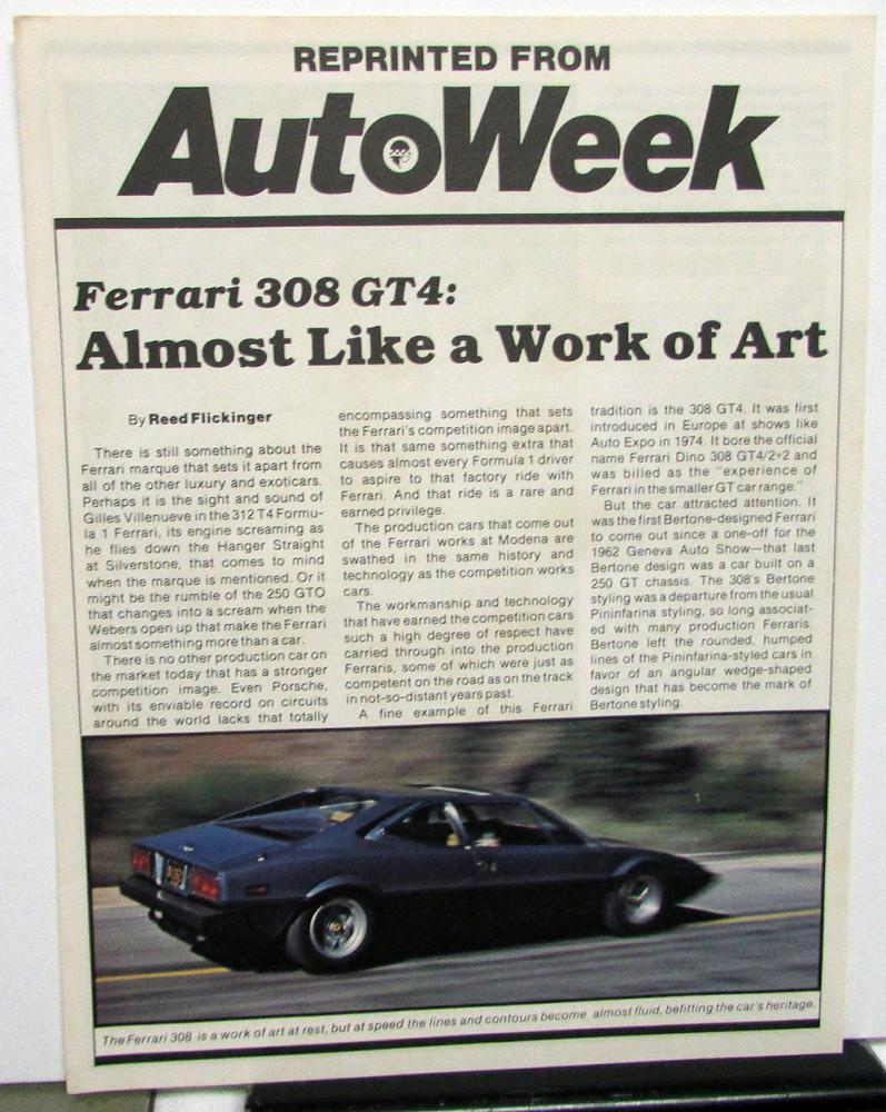 Ferrari 308 GT4 Dealer Sales Brochure AutoWeek Article Reprint Features Orig