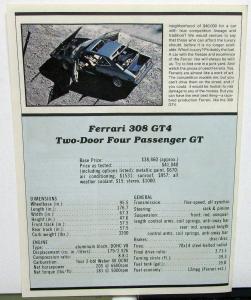 Ferrari 308 GT4 Dealer Sales Brochure AutoWeek Article Reprint Features Orig