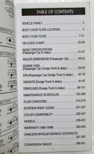 1999 DaimlerChrysler Service & Parts Data Handbook Dodge Chrysler Plymouth Jeep