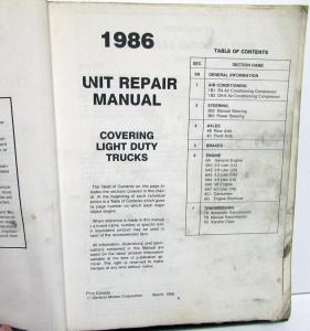 1986 Chevrolet Light Duty Truck Dealer Unit Repair Shop Manual Components Pickup