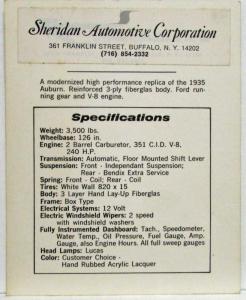 1935 Auburn Replica from Sheridan Automotive Corporation Specifications Card