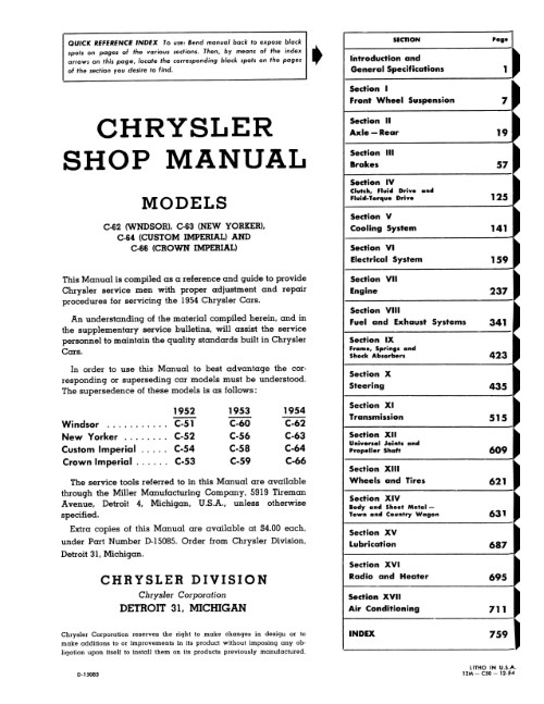 1954 Chrysler Shop Manual Windsor New Yorker Custom Crown Imperial