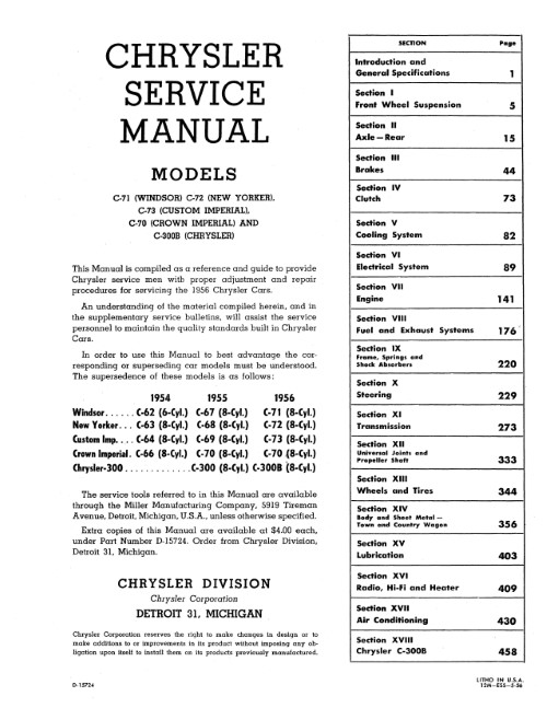1956 Chrysler 300 B Windsor New Yorker Custom Crown Imperial Service Shop Manual
