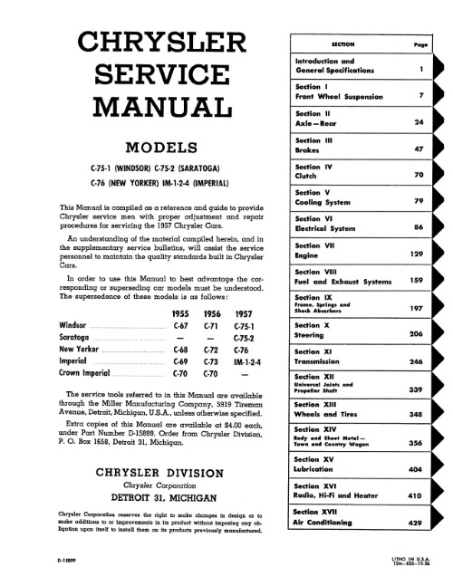 1957 Chrysler Windsor Saratoga New Yorker Crown Imperial Service Shop Manual