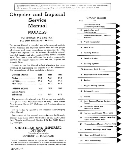 1960 Chrysler Windsor Saratoga New Yorker Imperial Shop Service Manual