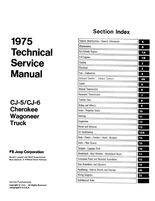 1975 Jeep CJ 5 6 Cherokee Wagoneer Truck Technical Shop Service Manual