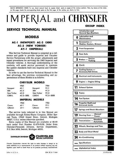 1965 Chrysler Newport 300 New Yorker Imperial Shop Service Manual
