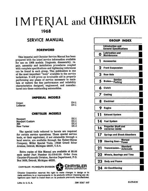 1968 Chrysler Newport 300 New Yorker Imperial Service Shop Manual
