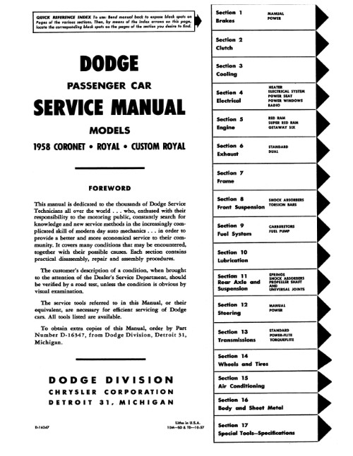 1958 1959 Dodge Coronet Custom Royal Factory Service Manual Shop Repair Reprint
