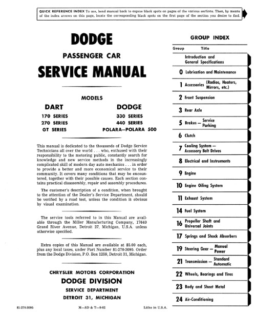 1963 Dodge 330 440 Dart 170 270 GT Polara 500 Shop Manual