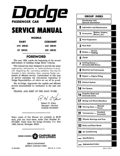 1965 Dodge Dart 270 GT Coronet 440 500 Shop Service Manual