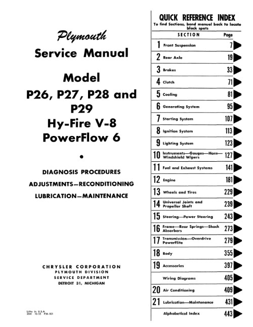 1955 1956 Plymouth Plaza Savoy Belvedere Shop Service Manual
