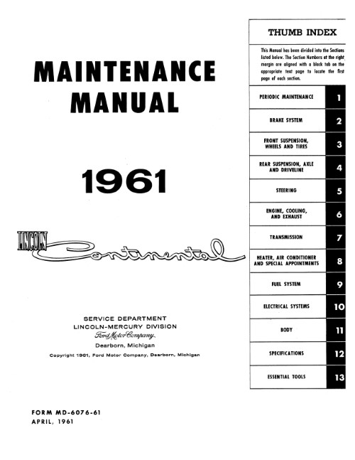1961 1962 1963 Lincoln Continental Service Maintenance Manual