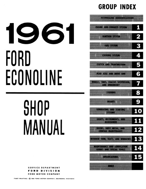 1961 Ford Econoline Pickup Van Service Shop Repair Manual Maintenance
