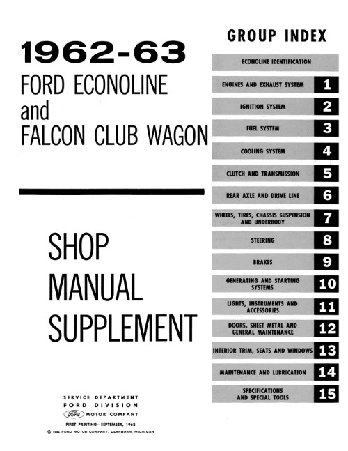 1962-1963 Ford Econoline Falcon Club Wagon Shop Manual Supplement