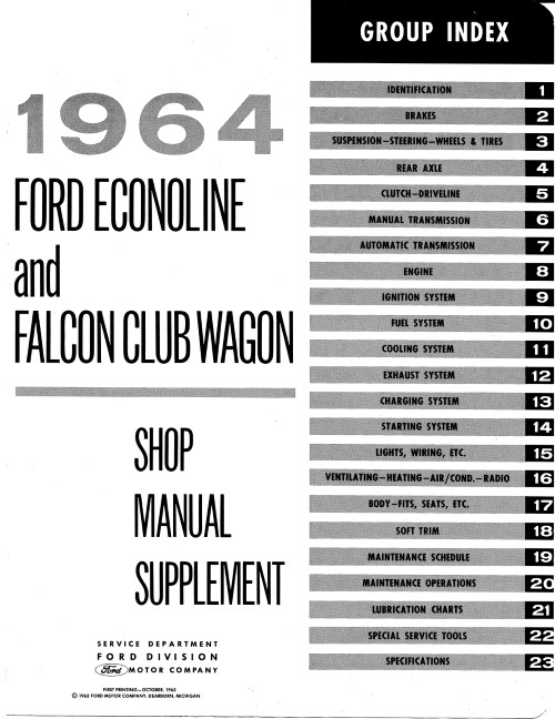 1964 Ford Econoline Falcon Club Wagon Service Shop Repair Manual Supplement