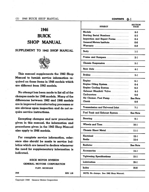1942 - 1947 Buick Service Shop Repair Manual Series 40 50 60 70 90