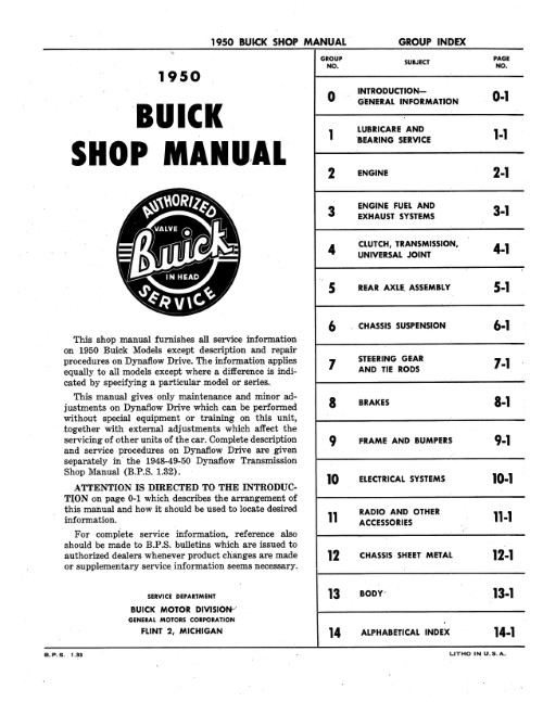 1950 Buick Service Shop Repair Manual Series 40 50 70