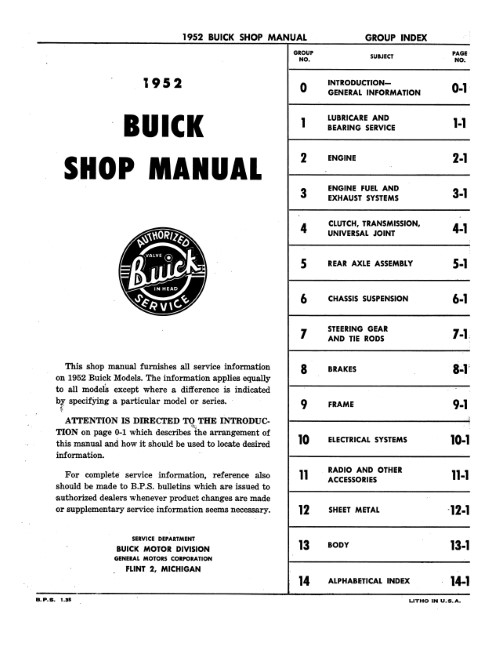 1952 Buick Service Shop Repair Manual Roadmaster Super Special