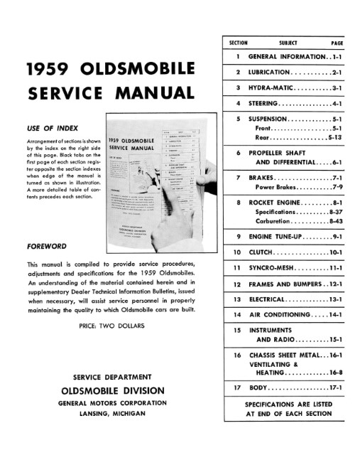 1959 Oldsmobile Service Shop Repair Manual 98 88 Super