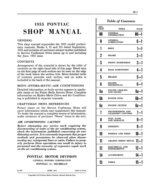 1955 Pontiac Service Shop Repair Manual Chieftain Safari Star Chief Strato Star