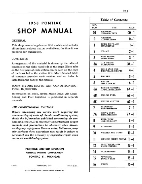 1958 Pontiac Service Shop Repair Manual Bonneville Chieftain Safari Star Chief