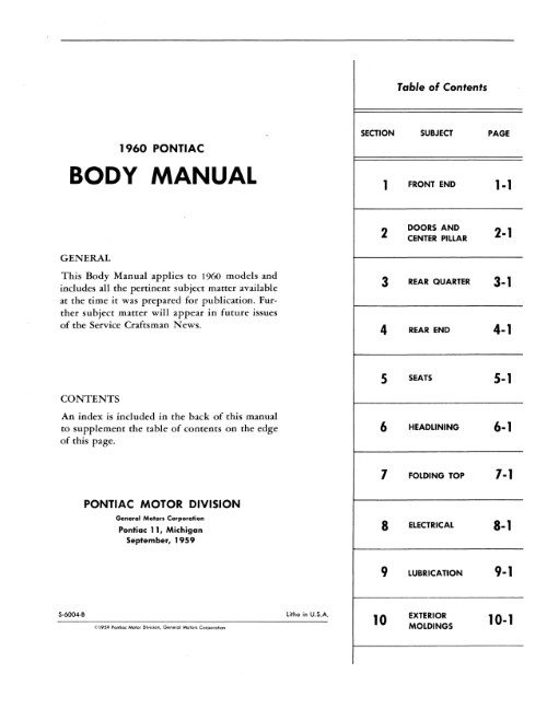 1960 Pontiac Body Service Shop Repair Manual Bonneville Catalina Safari Custom