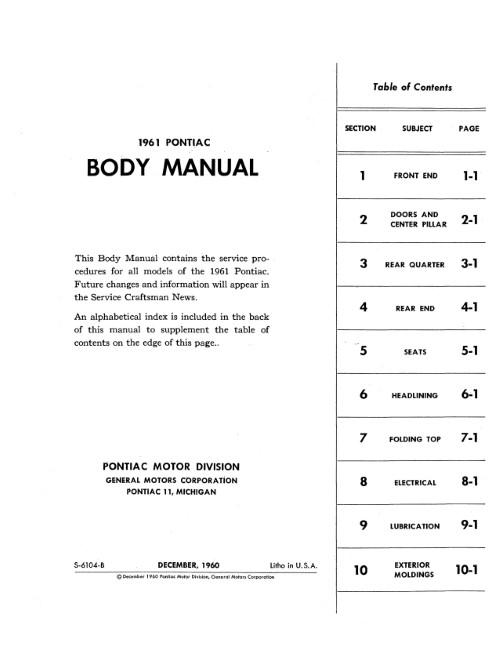 1961 Pontiac Body Service Shop Repair Manual Bonneville Safari Catalina Tempest