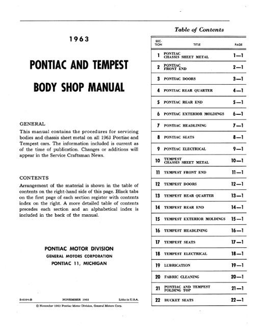 1963 Pontiac and Tempest Body Service Shop Repair Manual Bonneville Catalina