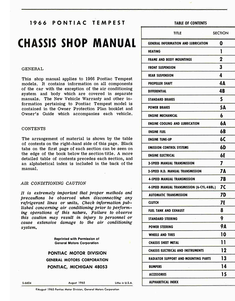 1966 Pontiac Tempest GTO Service Shop Repair Manual