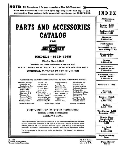1929 - 1957 1958 Chevrolet Parts Catalog Pass Car Pickup Med Truck Corvette