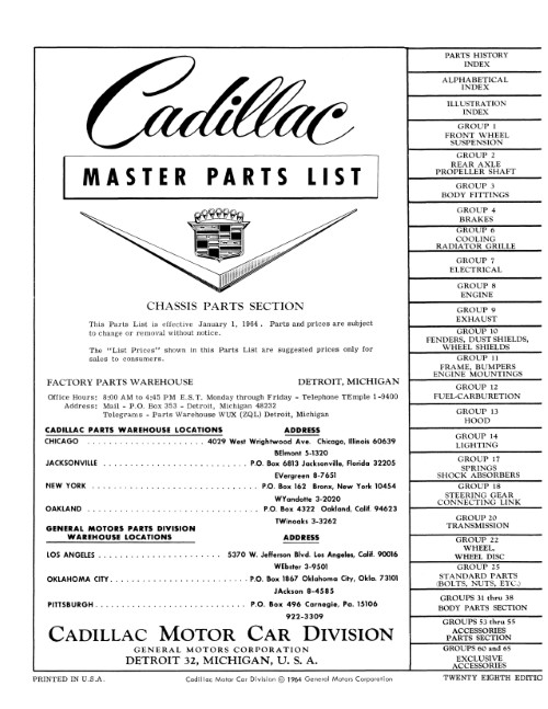 1957 1958 1959 1960 1961 1962 1963 1964 Cadillac Master Parts List Book Manual