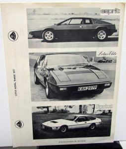 1977 Lotus Dealer Data Sheet Handout Flyer Esprit Elite Sprint Features Specs