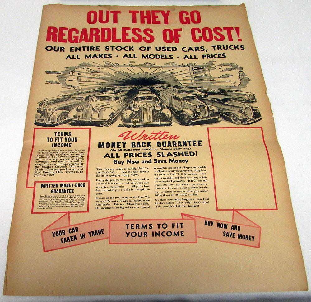 1937 Ford Dealer Poster Used Car Sale All Makes Car Truck Original Large 17.5X24