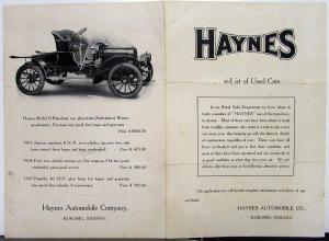 1904 05 06 07 Haynes Auto Price List Used Cars Flyer Pre 1916 Brass Era Original